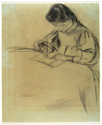 Schrijvend meisje aan een tafel (recto), Schets van een ezel (verso) 